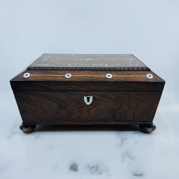 Antique Victorian Footed Wood Jewel Box w/Shell inlay / Purple Silk Interior.